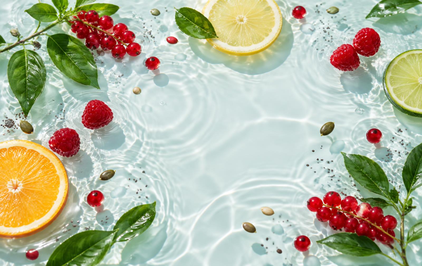 Frutta, bacche e foglie fresche su una superficie d'acqua luminosa